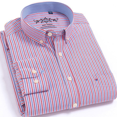 Voguable Men's Button Down Casual Durable Oxford Shirt Single Patch Pocket Spring Autumn Long Sleeve Standard-fit Striped Plaid Shirts voguable