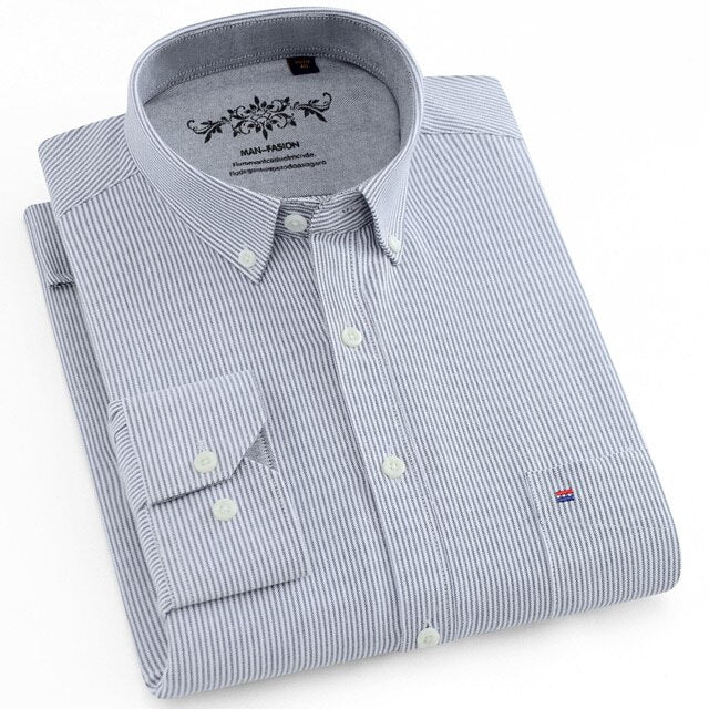 Voguable Men's Button Down Casual Durable Oxford Shirt Single Patch Pocket Spring Autumn Long Sleeve Standard-fit Striped Plaid Shirts voguable