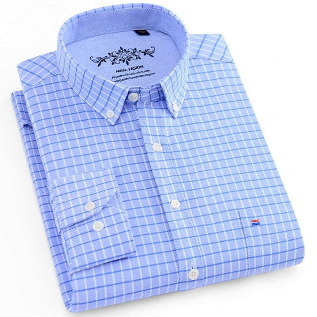 Voguable Men's Button Down Casual Durable Oxford Shirt Single Patch Pocket Spring Autumn Long Sleeve Standard-fit Striped Plaid Shirts voguable