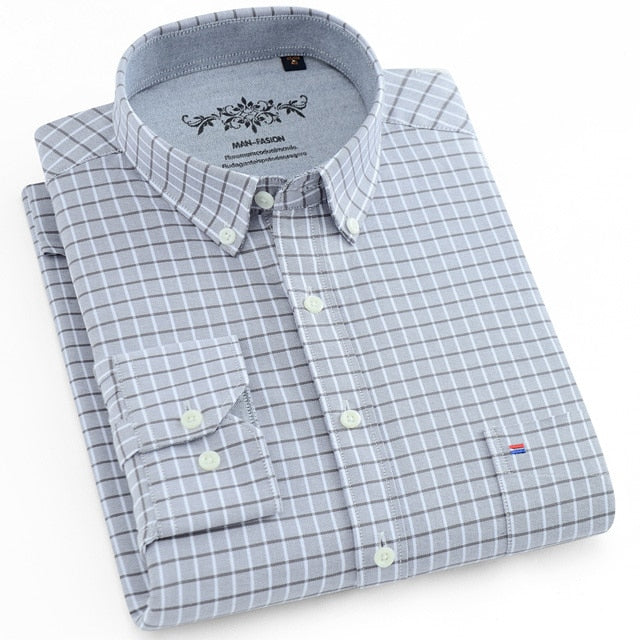Voguable Men's Button Down Casual Durable Oxford Shirt Single Patch Pocket Spring Autumn Long Sleeve Standard-fit Striped Plaid Shirts voguable