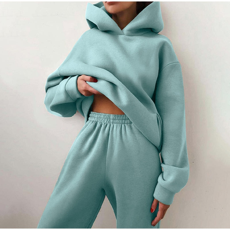 Voguable Women's Tracksuit Autumn Plus Fleece Sweatshirts Two Piece Set Casual Oversized Solid Female Sports Hoodie Suit Long Pant Sets voguable