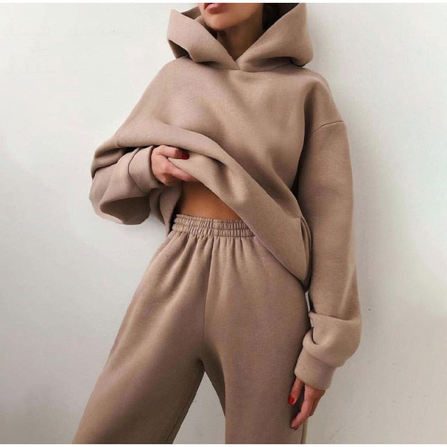 Voguable Women's Tracksuit Autumn Plus Fleece Sweatshirts Two Piece Set Casual Oversized Solid Female Sports Hoodie Suit Long Pant Sets voguable