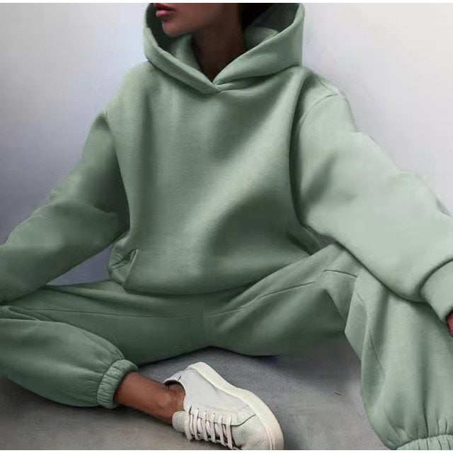 Voguable Women's Tracksuit Autumn Plus Fleece Sweatshirts Two Piece Set Casual Oversized Solid Female Sports Hoodie Suit Long Pant Sets voguable