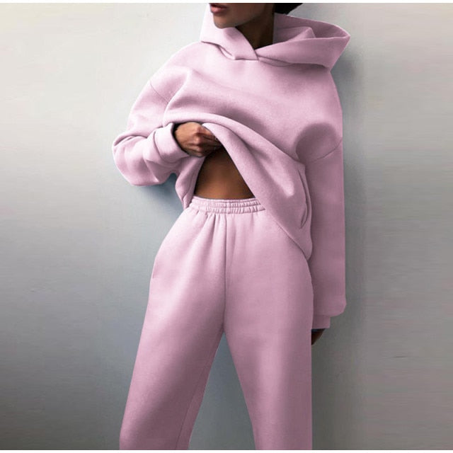 Voguable Women's Tracksuit Autumn Plus Fleece Sweatshirts Two Piece Set Casual Oversized Solid Female Sports Hoodie Suit Long Pant Sets voguable