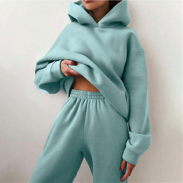 Voguable Women's Tracksuit Autumn Plus Fleece Sweatshirts Two Piece Set Casual Oversized Solid Female Sports Hoodie Suit Long Pant Sets voguable