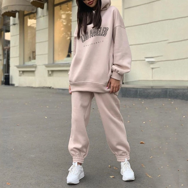Voguable Women's Tracksuit Casual Fleece Two Piece Sets Oversized Hooded Long Sleeve Female Hoodie Suit 2021 Winter Sportwear Ladies Set voguable