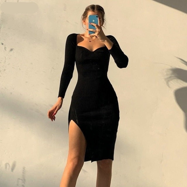 Kefira 2021 Bodycon Knitted Women Sweater Dress Long Sleeve Sexy Off Shoulder Split Elegant Party Dresses Fashion Autumn Winter voguable