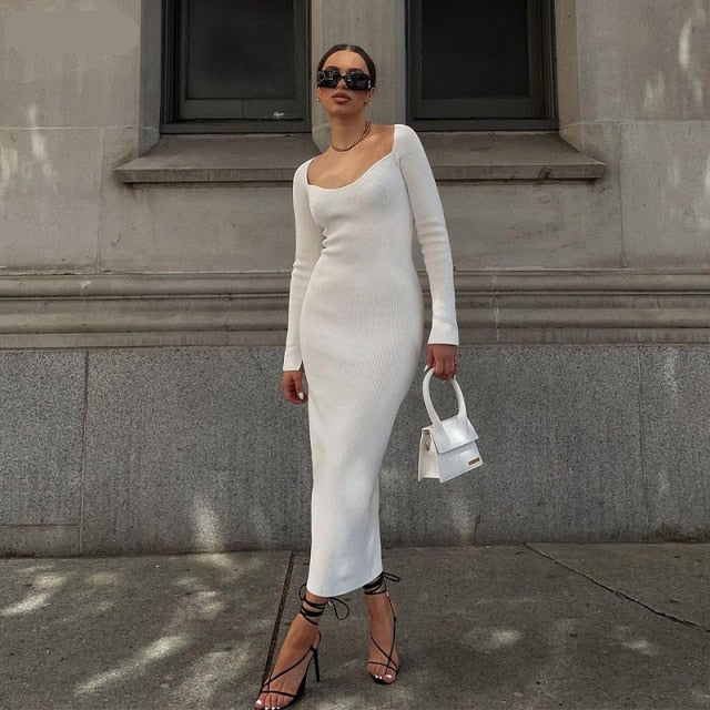Kefira 2021 Bodycon Knitted Women Sweater Dress Long Sleeve Sexy Off Shoulder Split Elegant Party Dresses Fashion Autumn Winter voguable