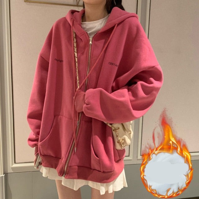 Voguable Autumn Winter Girl Korean Version Oversized Hoodies Street Style Letter Embroidery Sweatshirt Fleece Thick Pullover Tops Femmes voguable