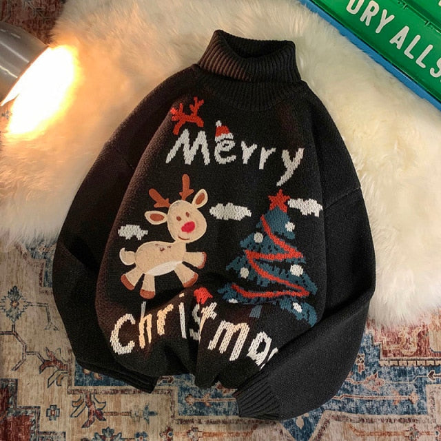 Voguable Men's And Women'sTurtleneck Christmas Sweater Ladies Lovely Elk   Pullover Sweater Outer Wear Sweater Holiday Costumes Loose Top voguable