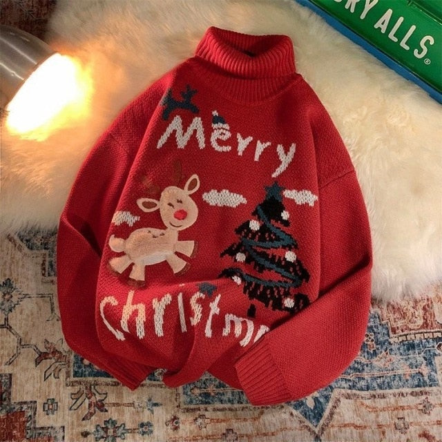 Voguable Men's And Women'sTurtleneck Christmas Sweater Ladies Lovely Elk   Pullover Sweater Outer Wear Sweater Holiday Costumes Loose Top voguable