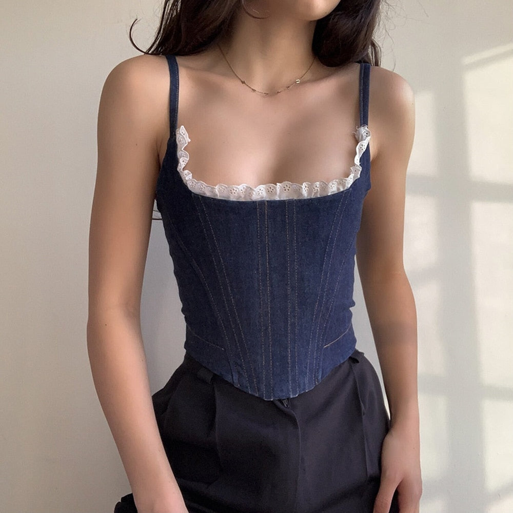2021 Korean Style Summer Women's Fish Bone Corset Fashion Denim Stitching Sexy Outside Wear Streetwear Jeans Vest Top Mujer voguable
