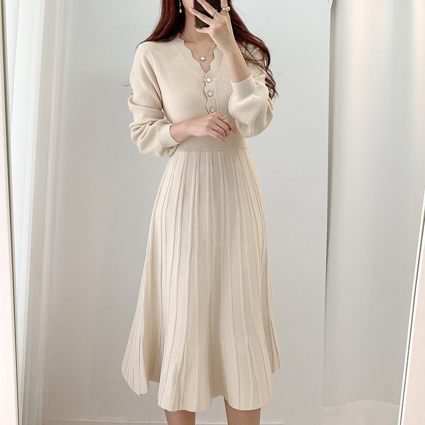 Vintage Elegant Knitted Beige Midi Dress 2022 New Autumn Long Sleeve Slim Woman Sweater Dresses One-Piece Woman Pleated Dress voguable