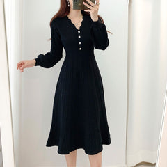 Vintage Elegant Knitted Beige Midi Dress 2022 New Autumn Long Sleeve Slim Woman Sweater Dresses One-Piece Woman Pleated Dress voguable