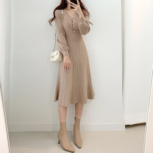 Vintage Elegant Knitted Beige Midi Dress 2022 New Autumn Long Sleeve Slim Woman Sweater Dresses One-Piece Woman Pleated Dress voguable