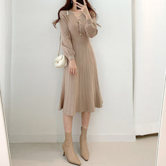 Vintage Elegant Knitted Beige Midi Dress 2022 New Autumn Long Sleeve Slim Woman Sweater Dresses One-Piece Woman Pleated Dress voguable