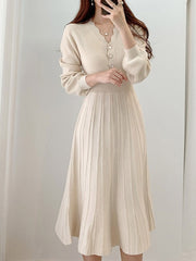 Vintage Elegant Knitted Beige Midi Dress 2022 New Autumn Long Sleeve Slim Woman Sweater Dresses One-Piece Woman Pleated Dress voguable
