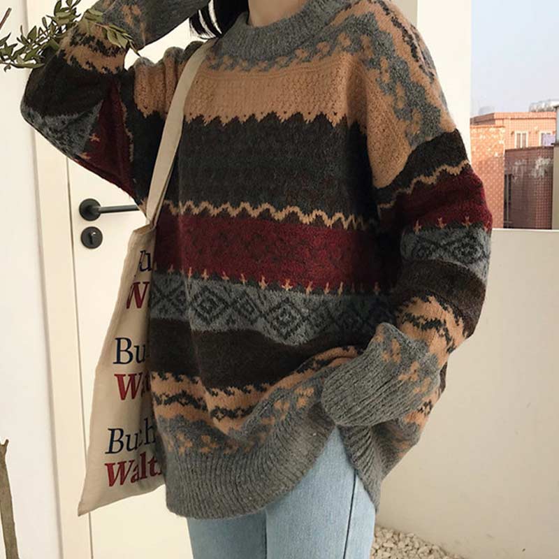 Vintage Sweaters Women Pullover Winter Striped Jumpers Korean Style Oversized Sweater Knitwear Casual Loose Pullover Pull Femme voguable