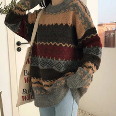 Vintage Sweaters Women Pullover Winter Striped Jumpers Korean Style Oversized Sweater Knitwear Casual Loose Pullover Pull Femme voguable