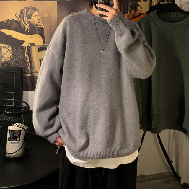 Voguable Solid Color Men's Winter Sweater Oversize Harajuku Pullover O-Neck Warm Korean Style Male Sweater Men's Clothing voguable