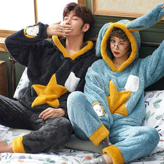 Voguable Coral Velvet Couple Pajamas Women's Winter Long Sleeves Plush Thickened Warm Flannel Men's Pajamas Home Clothes Can Be Worn voguable