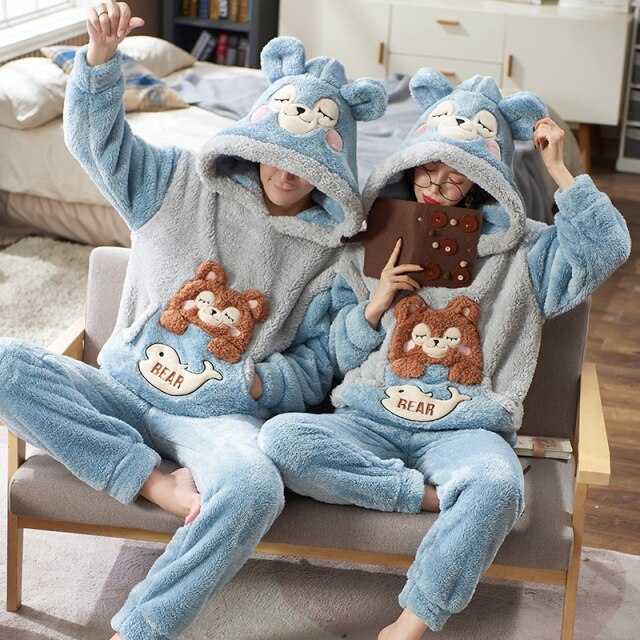 Voguable Coral Velvet Couple Pajamas Women's Winter Long Sleeves Plush Thickened Warm Flannel Men's Pajamas Home Clothes Can Be Worn voguable