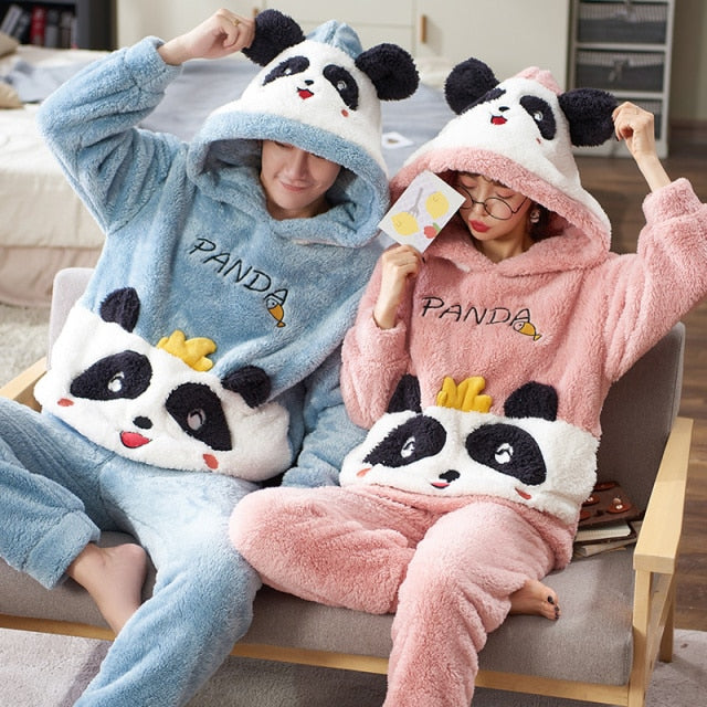 Voguable Coral Velvet Couple Pajamas Women's Winter Long Sleeves Plush Thickened Warm Flannel Men's Pajamas Home Clothes Can Be Worn voguable