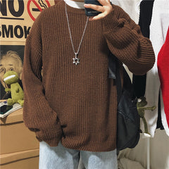 Voguable Men's Crewneck Casual Sweater Korean Fashion Loose Harajuku Streetwear Solid Color Pullover Retro Student Style Couple Sweater voguable