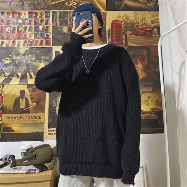 Voguable Men's Crewneck Casual Sweater Korean Fashion Loose Harajuku Streetwear Solid Color Pullover Retro Student Style Couple Sweater voguable
