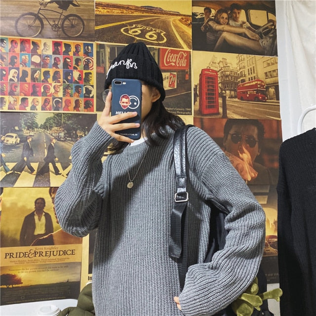 Voguable Men's Crewneck Casual Sweater Korean Fashion Loose Harajuku Streetwear Solid Color Pullover Retro Student Style Couple Sweater voguable