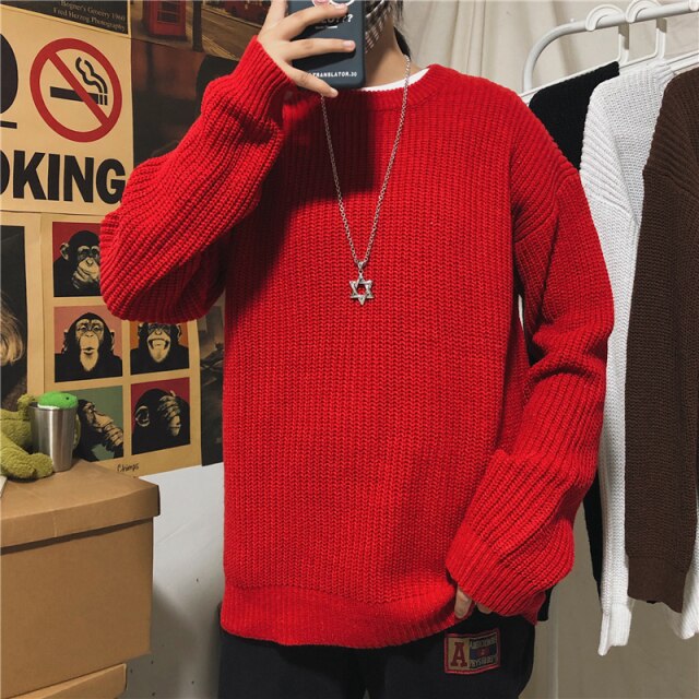 Voguable Men's Crewneck Casual Sweater Korean Fashion Loose Harajuku Streetwear Solid Color Pullover Retro Student Style Couple Sweater voguable