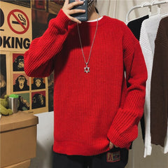 Voguable Men's Crewneck Casual Sweater Korean Fashion Loose Harajuku Streetwear Solid Color Pullover Retro Student Style Couple Sweater voguable