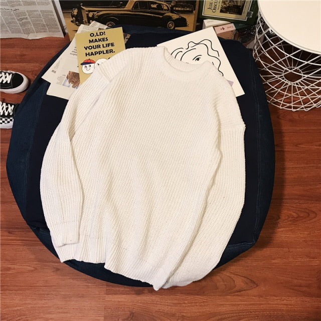 Voguable Men's Crewneck Casual Sweater Korean Fashion Loose Harajuku Streetwear Solid Color Pullover Retro Student Style Couple Sweater voguable