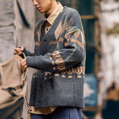 Voguable Retro Japanese V-neck Sweater Male Diamond-shaped Contrast Jacquard Thread Autumn-winter Casual Jacket Loose Jumpers Men's Trend voguable