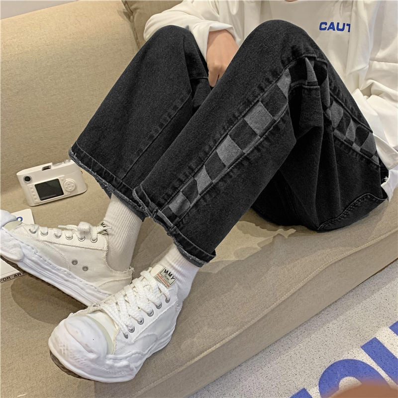 Voguable Stitching Plaid Jeans Men's Trend Loose Casual Straight Wide-leg Pants Streetwear Hip-hop Washed Denim Trousers Oversize S-3XL voguable