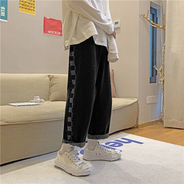 Voguable Stitching Plaid Jeans Men's Trend Loose Casual Straight Wide-leg Pants Streetwear Hip-hop Washed Denim Trousers Oversize S-3XL voguable