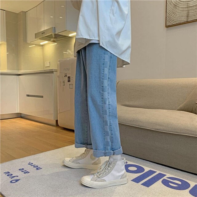 Voguable Stitching Plaid Jeans Men's Trend Loose Casual Straight Wide-leg Pants Streetwear Hip-hop Washed Denim Trousers Oversize S-3XL voguable