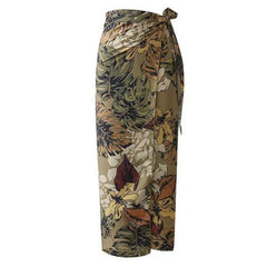 Sexy Flower Leaves Print Bow Tie Sashes Wrap Skirt Vintage Women High Waist Slim Fit Mid-Calf Long Pencil Skirts Holiday voguable